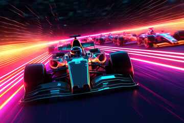 Naklejka premium Formula One Car with Neon Light Speed Track Created with Generative AI Technology