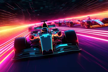 Foto op Plexiglas Formula One Car with Neon Light Speed Track Created with Generative AI Technology © charnsitr
