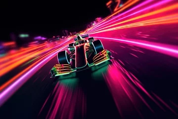Fototapeten Formula One Car with Neon Light Speed Track Created with Generative AI Technology © charnsitr