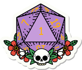 sticker of a natural one dice roll with floral elements