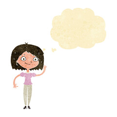 cartoon woman waving with thought bubble