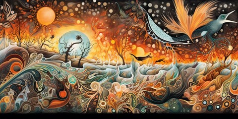 Aboriginal art of abstract nature. Beautiful illustration picture. Generative AI