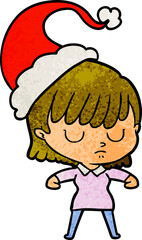 hand drawn textured cartoon of a woman wearing santa hat