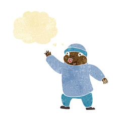 cartoon man in hat waving with thought bubble