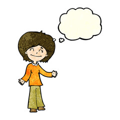 cartoon happy woman with thought bubble