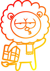 warm gradient line drawing of a cartoon tired lion with gift