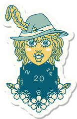 sticker of a half orc bard with natural twenty dice roll