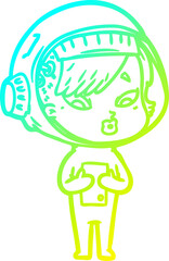 cold gradient line drawing of a cartoon astronaut woman