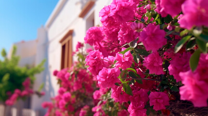 Naklejka premium in a Greek village with blooming bougainvillea. Generative AI,