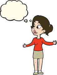 cartoon pretty woman explaining something with thought bubble