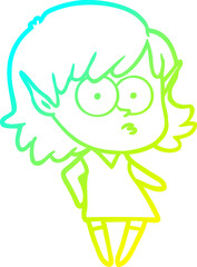 cold gradient line drawing of a cartoon elf girl staring