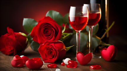 valentines day, candlelight dinner, red roses, glass of wine - Generative AI