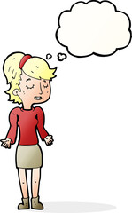 cartoon woman shrugging shoulders with thought bubble