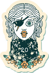 Retro Tattoo Style elf rogue character with natural twenty dice roll