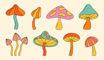 Set of hippie magic mushrooms. Psychedelic colorful abstract mushroom in retro 70s style. Vector illustration