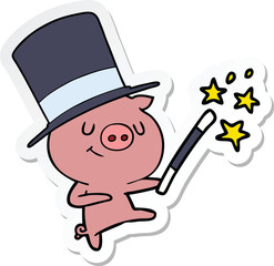 sticker of a happy cartoon pig magician
