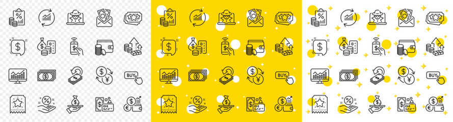 Outline Phone payment, Tax document and Loyalty ticket line icons pack for web with Update data, Bribe, Card line icon. Statistics, Payment, Buy button pictogram icon. Inflation, Fraud. Vector