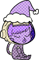 hand drawn comic book style illustration of a pretty astronaut girl sitting waiting wearing santa hat