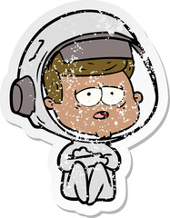 distressed sticker of a cartoon tired astronaut