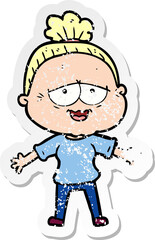 distressed sticker of a cartoon happy old lady