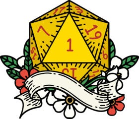 Retro Tattoo Style natural one d20 dice roll
