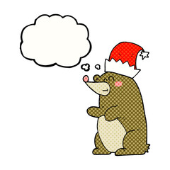 freehand drawn thought bubble cartoon bear wearing christmas hat