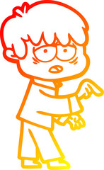 warm gradient line drawing of a cartoon exhausted boy
