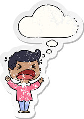 cartoon shouting man with thought bubble as a distressed worn sticker