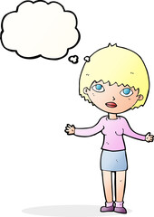 cartoon woman shrugging  with thought bubble
