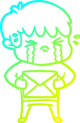 cold gradient line drawing of a cartoon boy crying