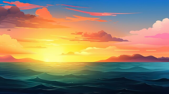 Abstract background sunset on the ocean coast. In this captivating illustration, background and banner design complement the beauty of sunset on the ocean coast. Generative AI.