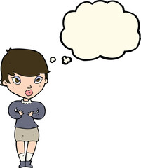 cartoon woman gesturing at self with thought bubble