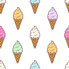 Creamy ice cream cone seamless pattern cartoon style. Vector illustration isolated on white background