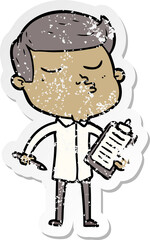 distressed sticker of a cartoon model guy pouting