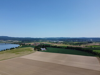 Danube river with dried up fields near Wörth Donau and the lock in Geisling