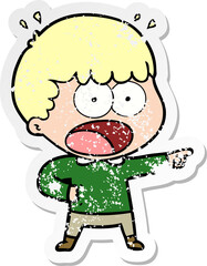 distressed sticker of a cartoon shocked man pointing