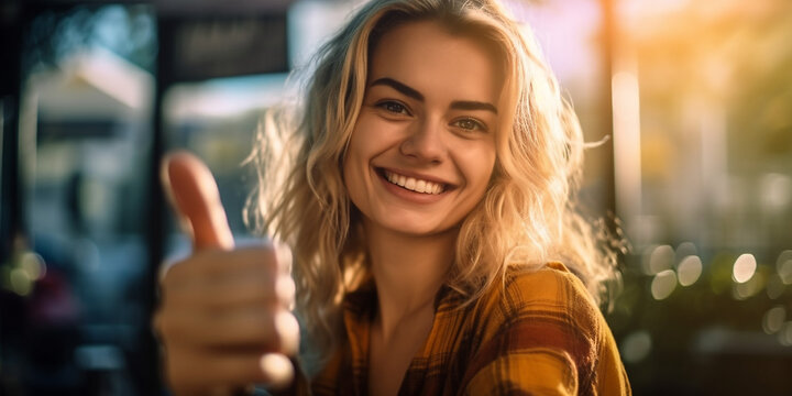 Blonde fröhliche Frau in der Natur mit Daumen hoch, ai generativ