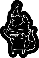 angry wolf quirky cartoon icon of a wearing santa hat