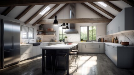 Fototapeta na wymiar Modern spacious country house kitchen, white facades and countertops, wooden floors and ceiling beams, large kitchen island with bar stools. Generative AI