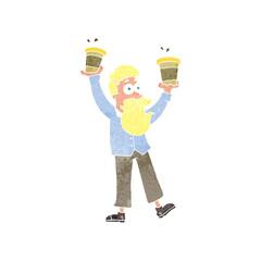 freehand retro cartoon man with coffee cups