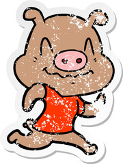 distressed sticker of a nervous cartoon pig