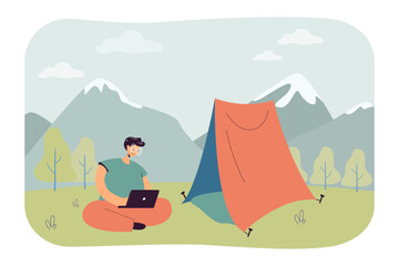Happy freelance worker with laptop next to tent at camping site. Man working remotely while on trip vector illustration. Remote work, freelancing, camping, technology concept