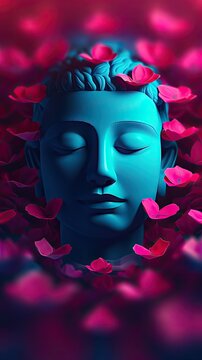 Blue Buddha surrounded by pink flower petals, zbrush style, dark red and light green, illusory portraits on wallpaper, UHD image. The illustration was created by AI.