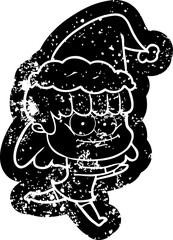quirky cartoon distressed icon of a smiling woman wearing santa hat