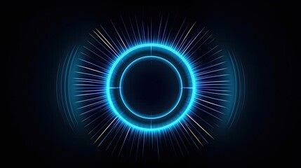 Abstract glowing circular lines on a dark blue background. Artistic design in geometric stripes. Modern shiny blue lines. Futuristic technological concept. The illustration was created by AI.
