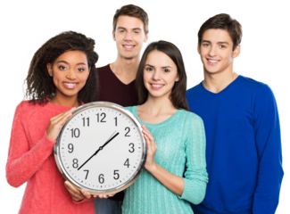 education concept, happy group of students at school with clock