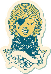 Retro Tattoo Style half orc rogue with natural twenty dice roll