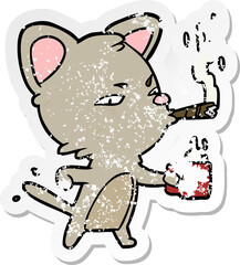 distressed sticker of a cartoon cat with coffee and cigar