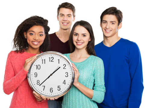 education concept, happy group of students at school with clock