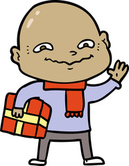 cartoon nervous man with xmas present